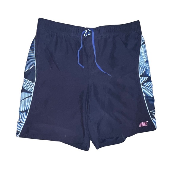Nike Swim Trunks Vintage Navy Floral Print Swoosh Logo Swim Trunks Size Large - Picture 1 of 8